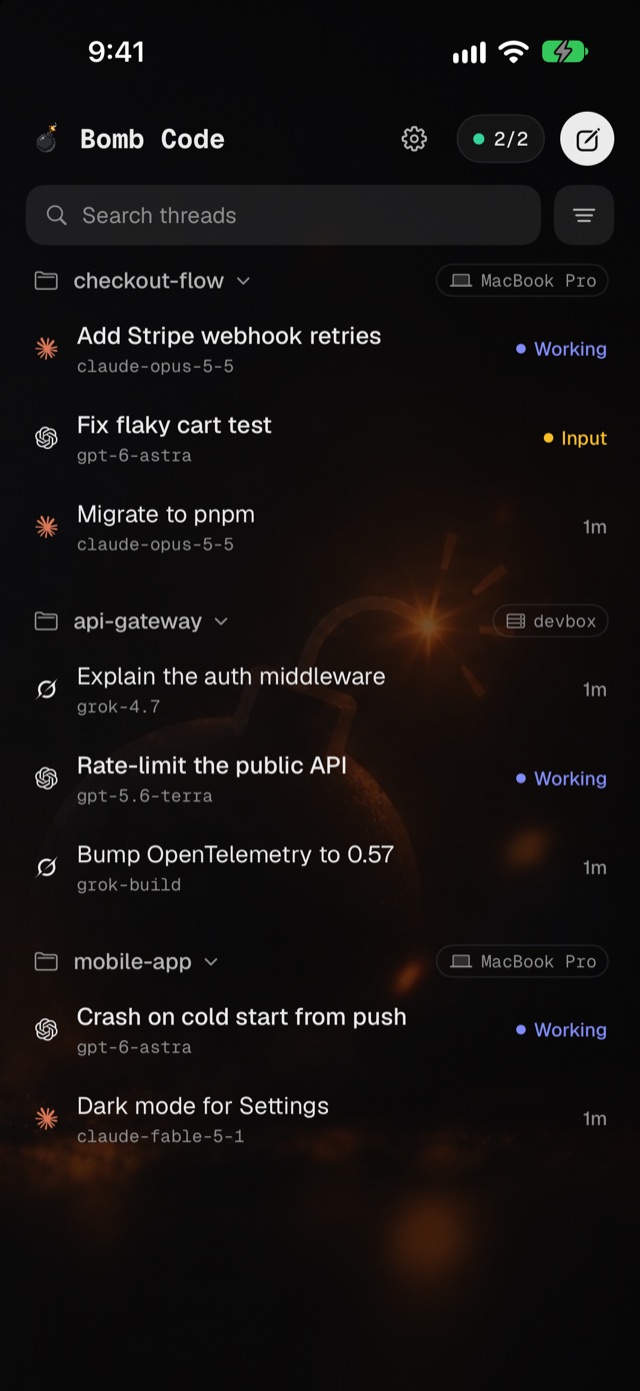 Bomb Code for iPhone: threads across projects on a Mac and a server, with live status