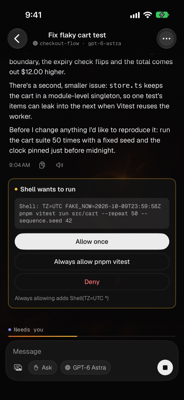An approval card on the phone: Allow once, Always allow, Deny