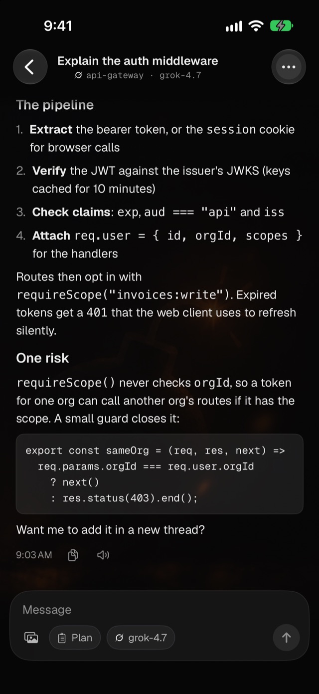 A finished Grok answer with headings, lists and a code block