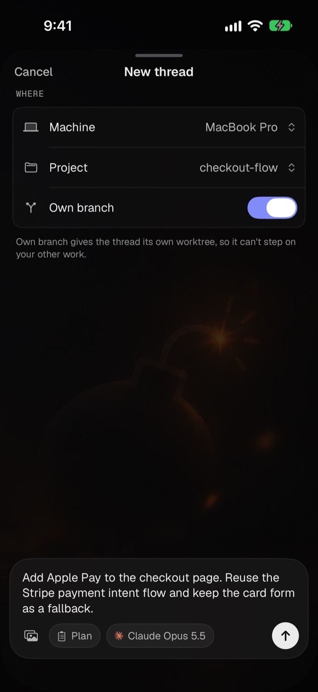 The New thread sheet: machine, project, own branch, prompt, mode and model